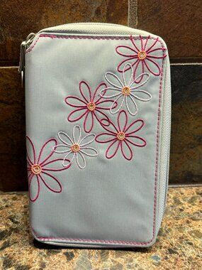 Travelon RFID Passport Wallet Gray Pink Floral Embroidery Travel